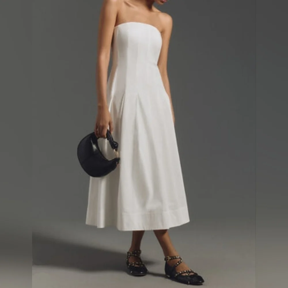 Mare Mare x Anthropologie White Strapless Seamed A-Line Midi Dress, XL